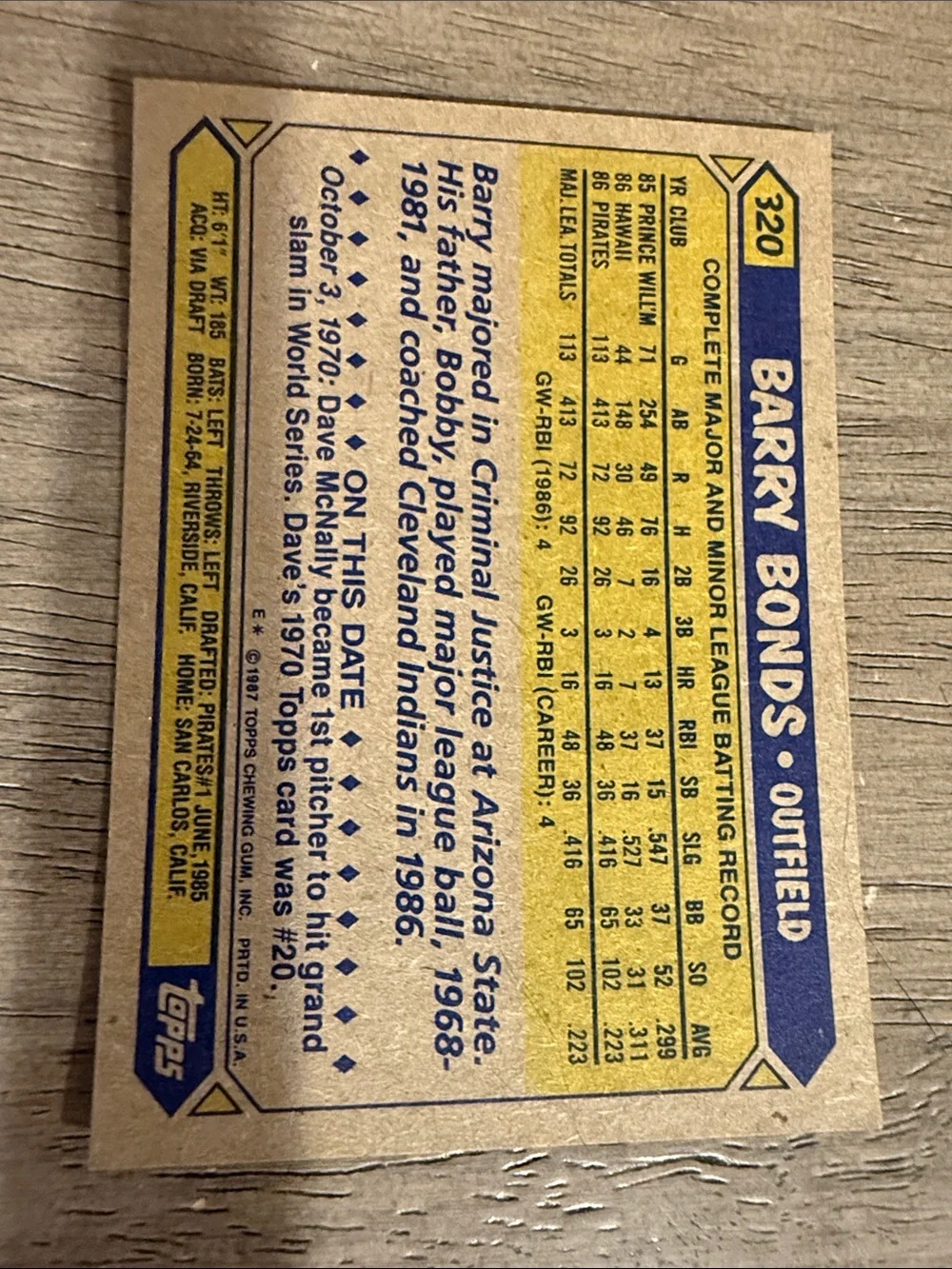 1987 Topps Barry Bonds rookie card (#320), - Picture 3 of 3